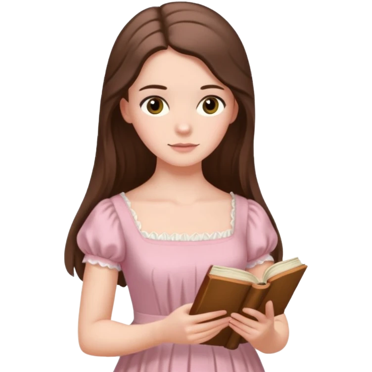  white long brunette hair girl with hazel eyes in light pink reading Pride and Prejudice emoji