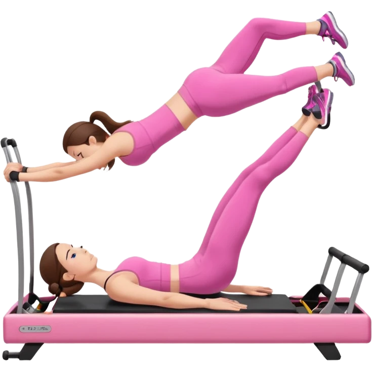 long brown hair girl doing a plank on a pilates reformer in a pink workout set emoji