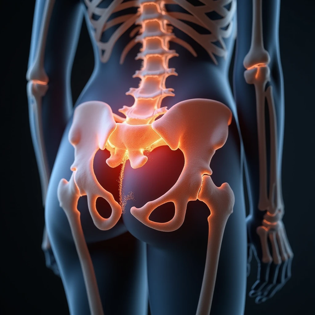 Anatomical view of piriformis muscle on a seated woman, highlighted in red in the gluteal region, bones and other muscles visible in transparency, hyperrealism 4K, white background emoji