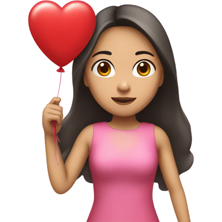 Asian girl with long hair wearing a pink dress holding a red heart ballon emoji