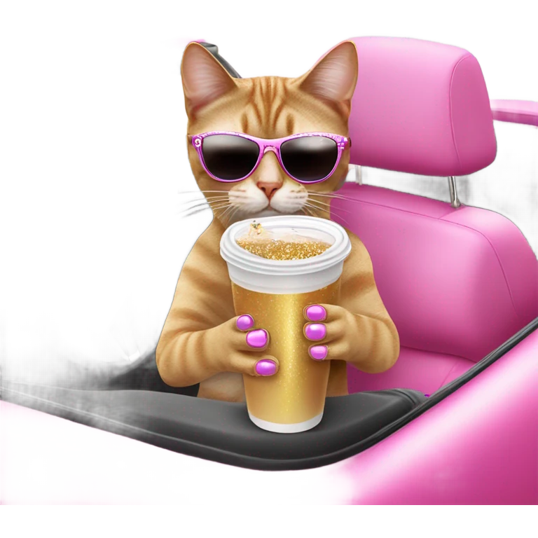 Cat with iced out jewelry and glittery sunglasses sipping on an iced coffee in a pink convertible emoji