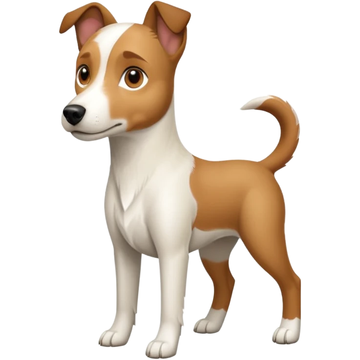 a full body white parson russell looking dog the size of a kelpie with light brown ears and a light brown patch on one eye and a large snout emoji