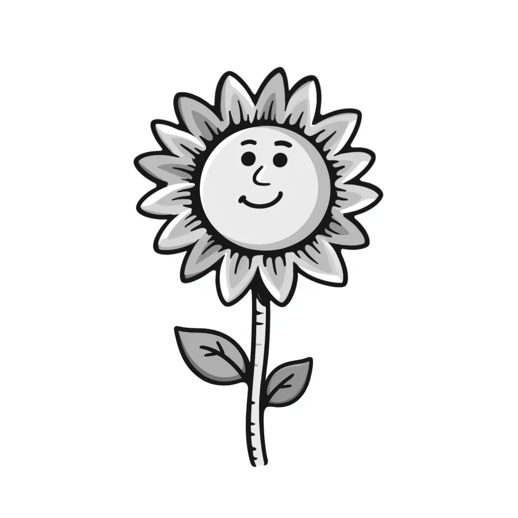 Cheerful sunflower with detailed petals, center, leaves and stem. Using specific pastel colors (dd9fb0, ffc6d3, a3bfc9, c4bee2, f1b091). Hand-drawn doodle style with intricate details. Happy, bright sunflower design with a transparent background. emoji
