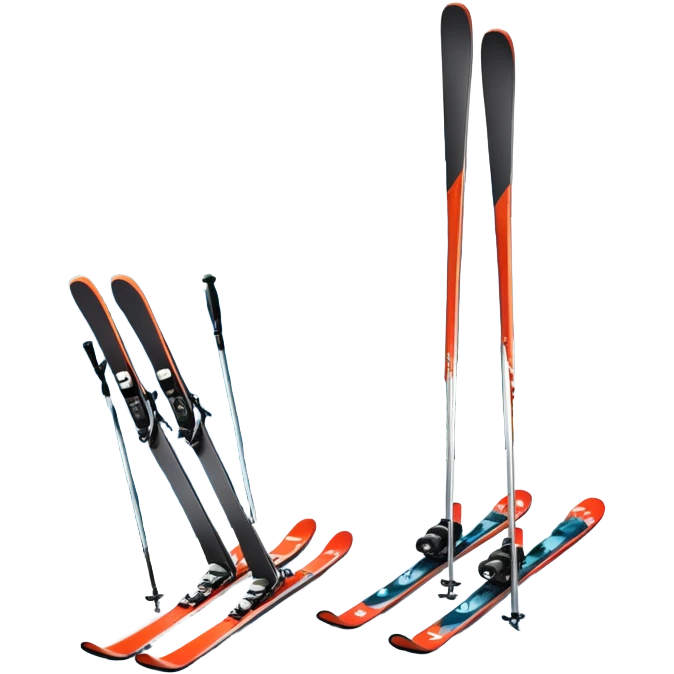 An icon featuring a pair of skis and ski poles in the foreground, set against a picturesque snow-covered slope. The background includes snowy peaks and evergreen trees, symbolizing the excitement and beauty of winter sports. Transparent background highlights the thrill of skiing and snowboarding. emoji