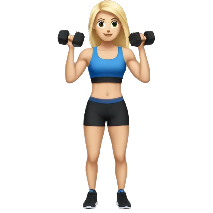 blonde woman working out with a black tank top and a blue shorts and she is holding a dumbell emoji