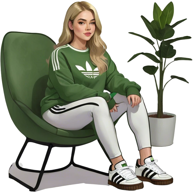 Girl long bright blonde highlighted hair middle part with rosy cheeks and plump mauve lips green eyes and wearing a white sweatshirt and black leggings with black and white adidas OG Samba sneakers sitting in a cozy chair posing with legs over the side of chair  emoji