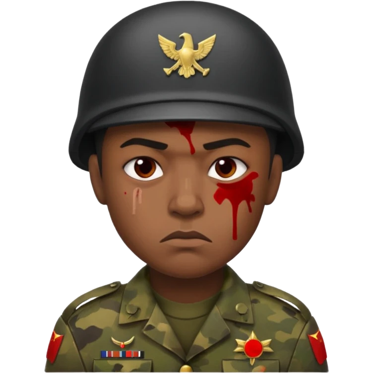 scowling soldier, deeply melanated skin, blood splatter on left cheek emoji