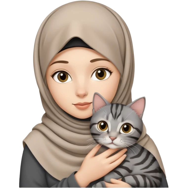 White girl wearing hijab holding a black grey tabby cat emoji