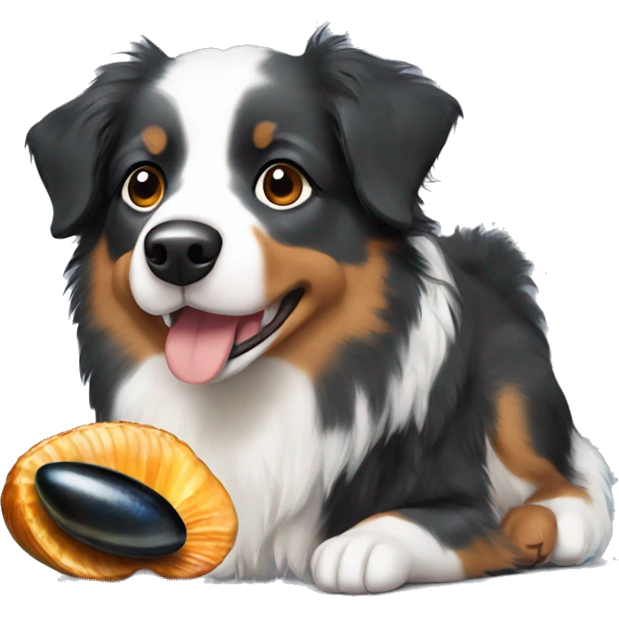 small Australian shepherd with black mussel emoji