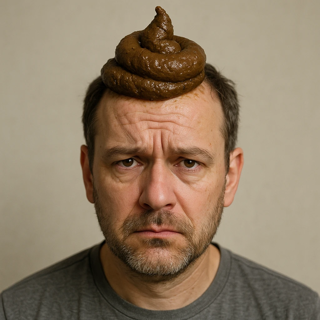 hyper-realistic style, man with poop on his head, photographic detail, neutral background emoji