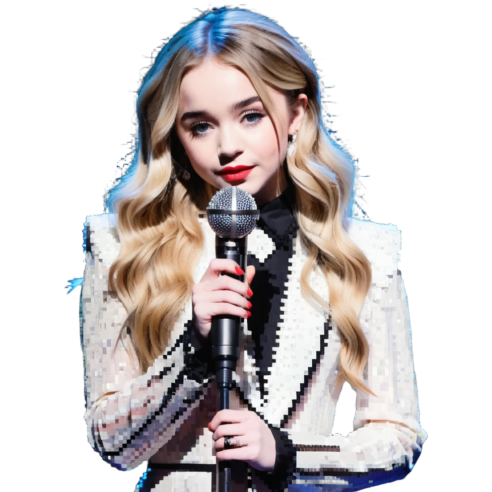 Sabrina Carpenter in a fancy pink outfit with a microphone emoji