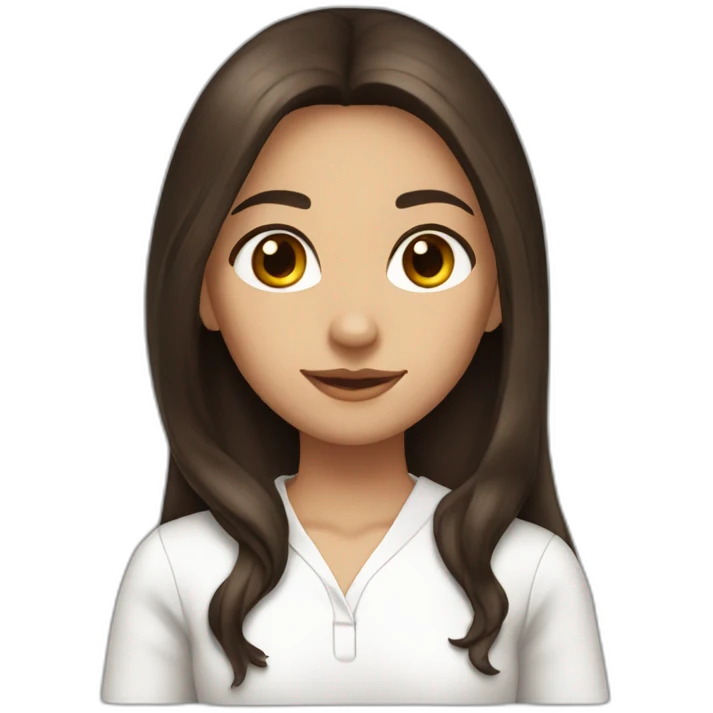 A girl with long dark brown hair, wearing a white shir, with brown eyes and slightly tanned emoji