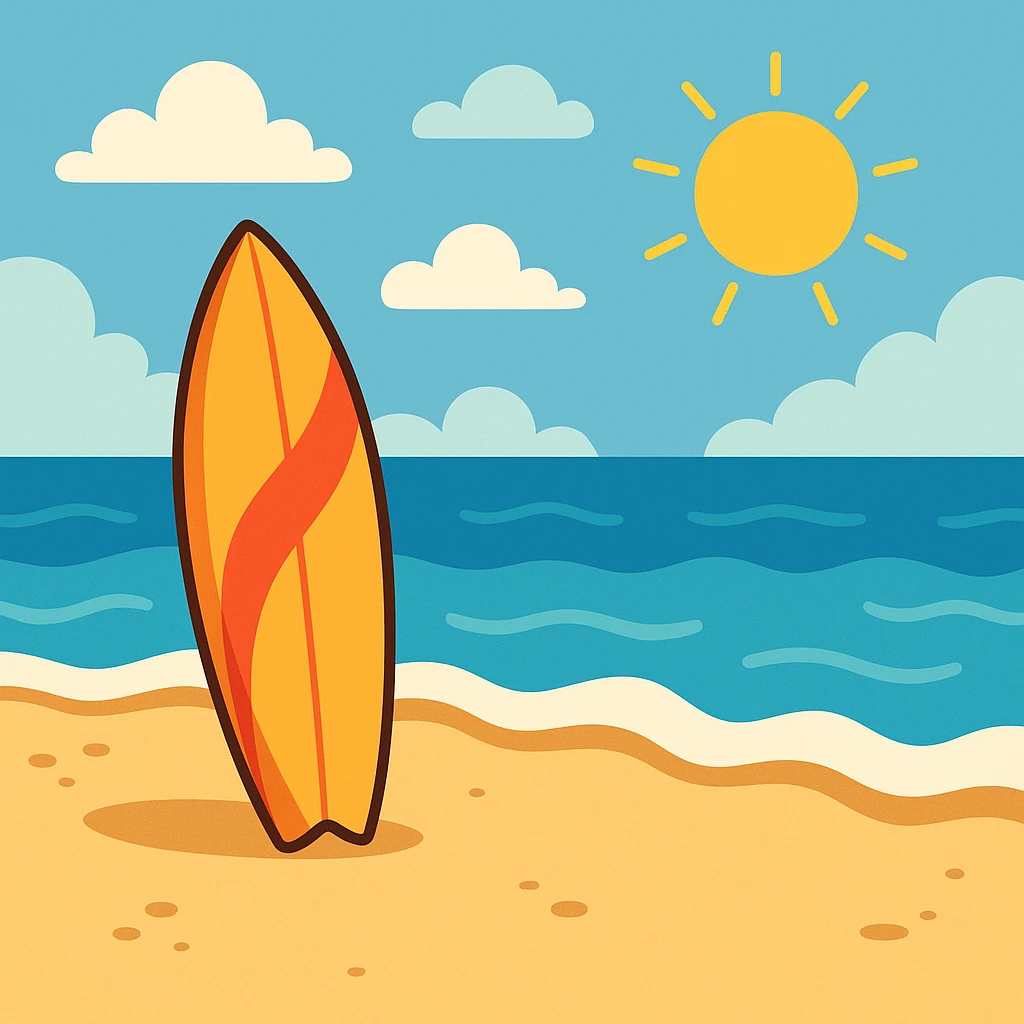 flat toon style beach with surfboard and sun emoji
