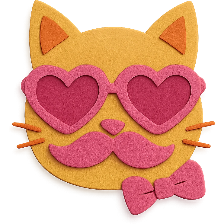 cat with pink heart sunglasses, pink moustache, and pink bow in paper craft style emoji