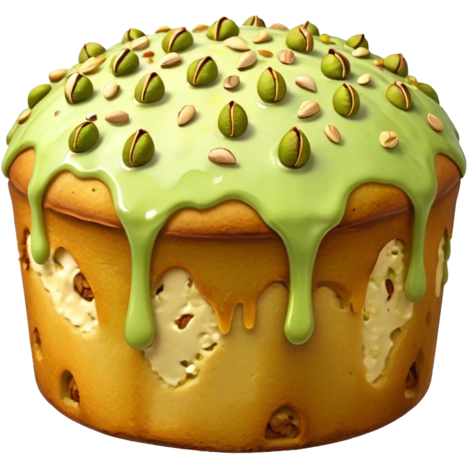 panettone con glassa al pistacchio che scende lungo i bordi e pistacchi come decorazione emoji