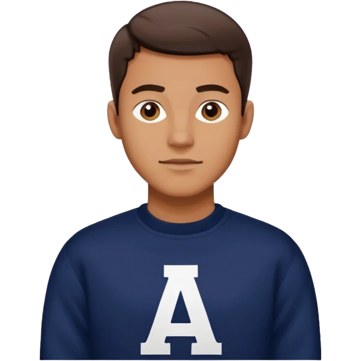man wearing a dark navy sweater with a giant white letter A on the upper right of the chest in collegiate font emoji