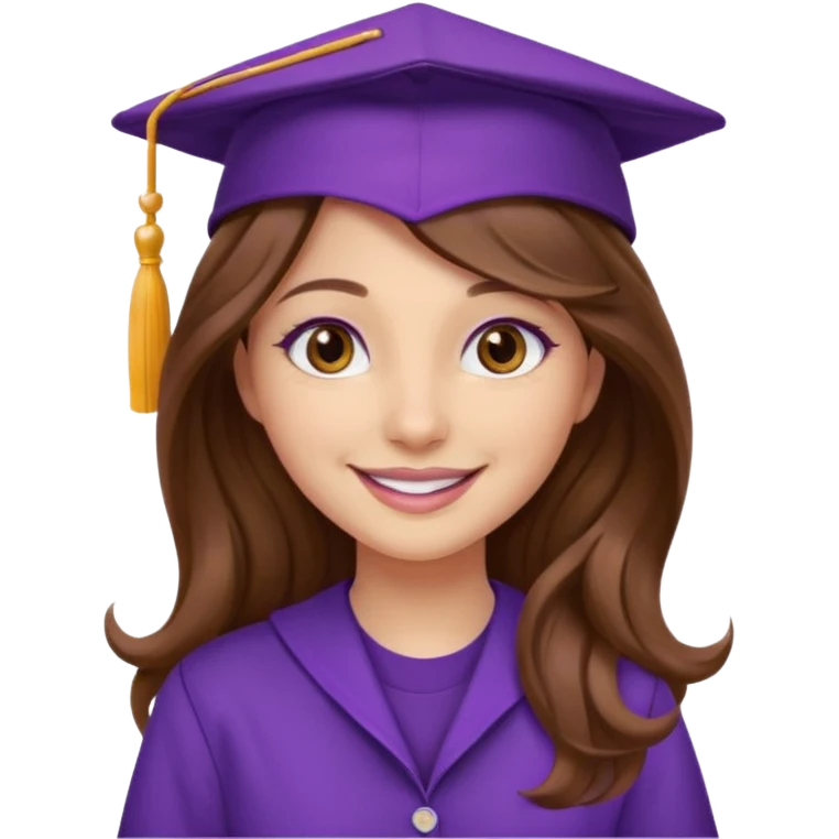 beautiful  woman normal skin with more wavy long brown over shoulder  hair without elastic but wavyand hazel eyes with purple school hat emoji