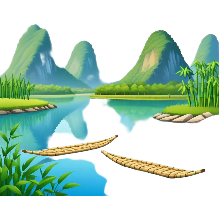 Yangshuo karst peaks with bamboo raft on river Guilin, simplified emoji style with bold outlines and bright colors, cartoon style mountains with clear blue sky emoji