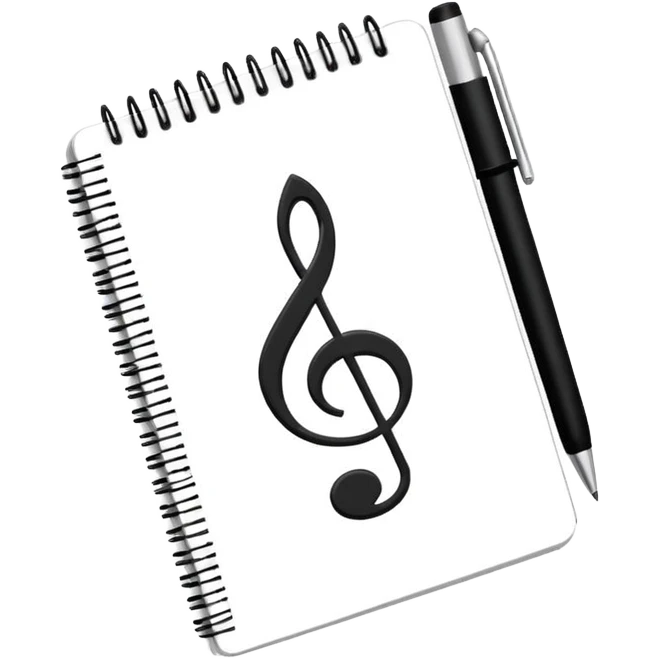 Minimalistic flat vector icon, iOS style, thin black contour on white background. Small notebook with a musical note on the cover, a pen placed next to it. Clean, modern, no text, no shadows. emoji