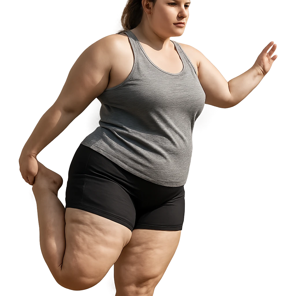 hyper realistic 4K woman stretching, fat on thighs and legs, normal physique, natural light, realistic details emoji