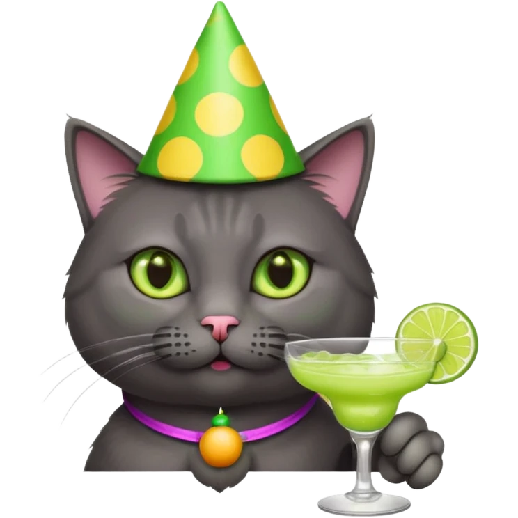 An old, dark grey cat is wearing a party hat, and drinking a margarita. emoji