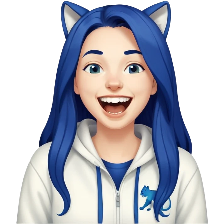 White 30 year old woman with long dark blue hair laughing hysterically wearing a white PUMA hoodie emoji