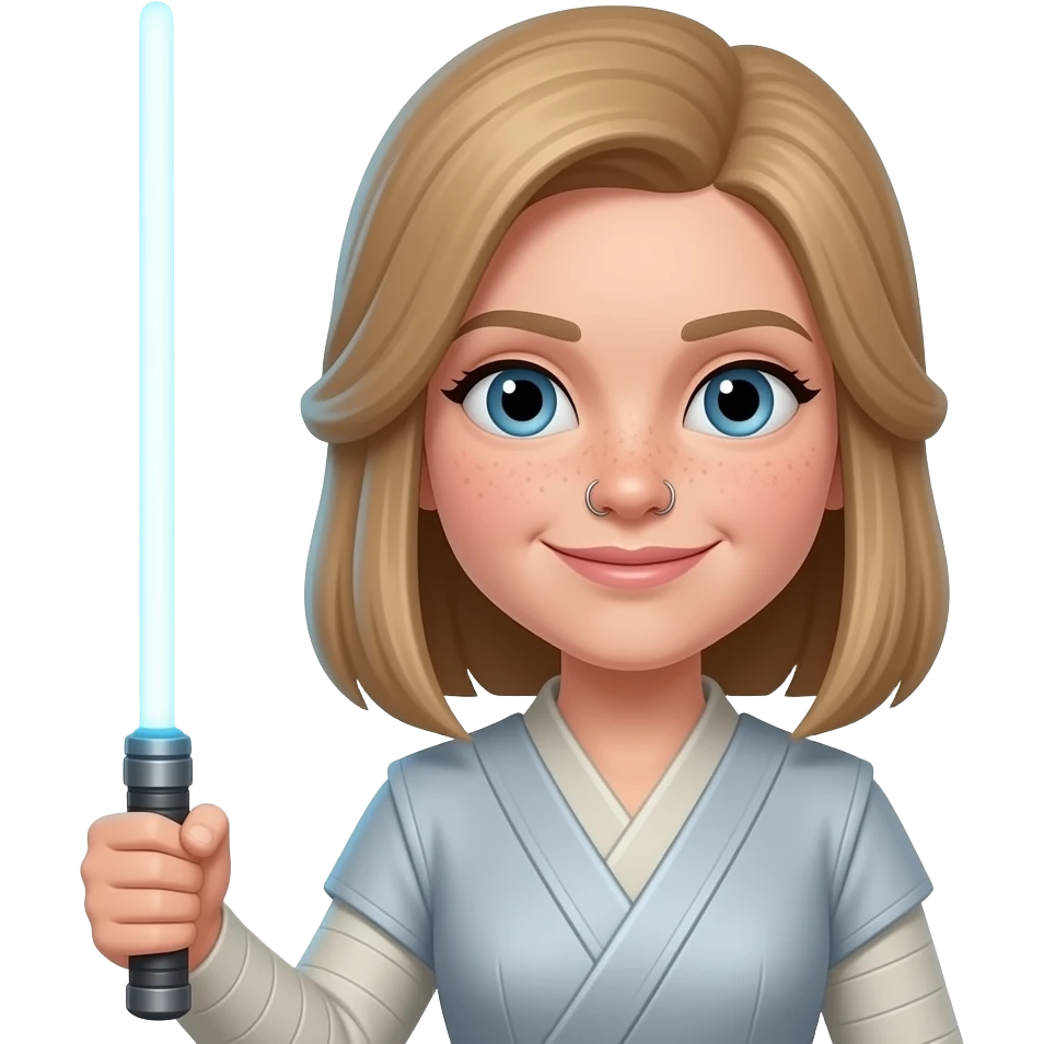 Princess, blue lightsaber, slightly lighter skin tone , with shoulder length straight hair and a nose ring, freckles around nose emoji