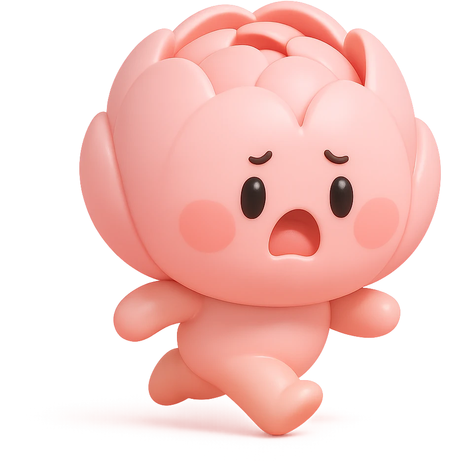 round chibi pastel pink peony flower with blushing cheeks and a panicked expression, rushing with tiny legs, vinyl figure style emoji