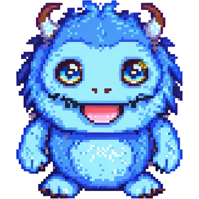 Huggy Wuggy character, blue furry monster with big eyes and wide smile, simple and cute, pixel art style emoji