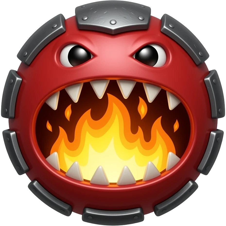 A red floating round sime-ball-like monster with charcoal armor plates and a furnace-hot jaw. It spits fireballs and snaps with explosive bursts of heat. No platform. emoji