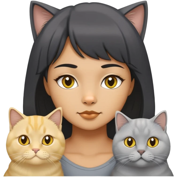 A black short hair girl, Four cat grey British Shorthair, yellow British Longhair, White Longhair, white British longhair.  emoji