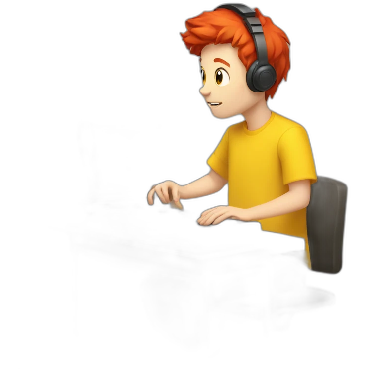boy playing at console with red hair and a yellow shirt looking at a screen emoji