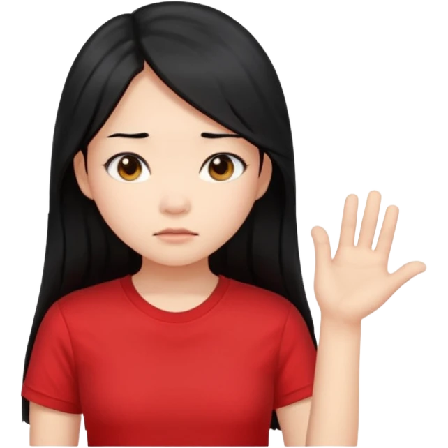 Cute asian girl with long hair and red t shirt who is judjing emoji