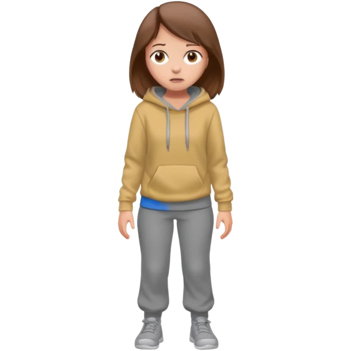 Chica grande  asustada de cuerpo completo mirado a la izquierda con pelo castaño pantalones grises y hoodie gris  emoji