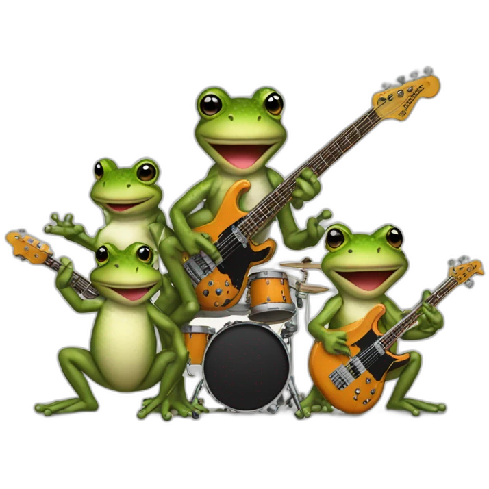 Four toad playing electric guitar, bass, drumset and piano emoji