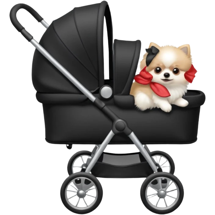 A white Pomeranian dog sits in a black baby stroller. A wheelchair with a folded roof. The image quality is ultra realistic. emoji