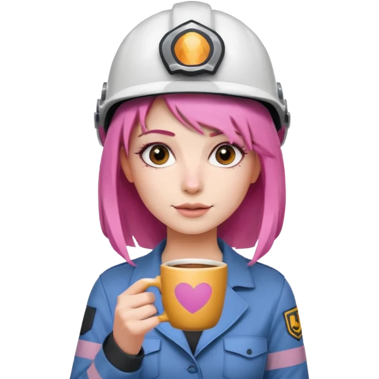 сделай молодую девушку с розовыми волосами, накрашенную красиво, с стаканчиком кофе и в каске с инстаграмным выражением лица emoji