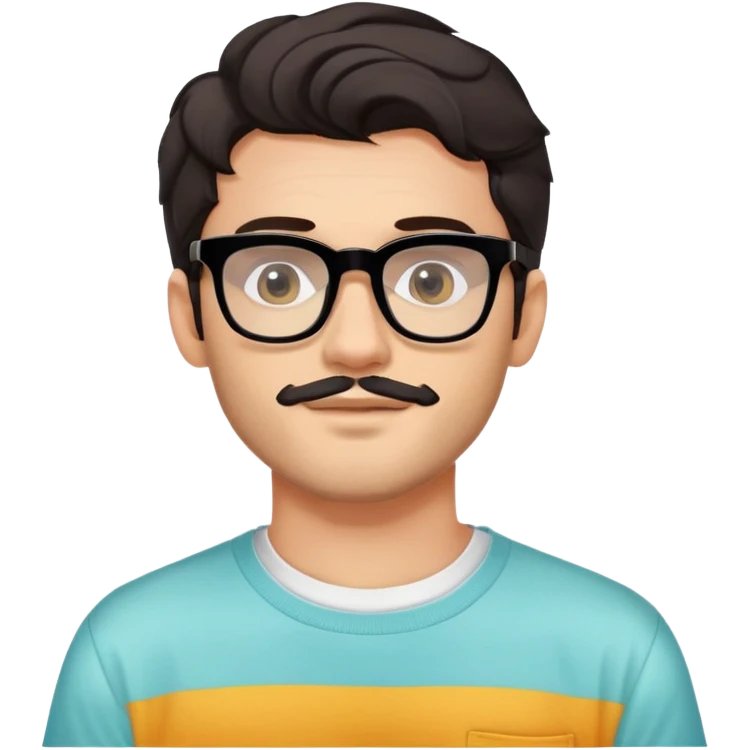 young adult man with light skin, short beard, dark wavy hair, relaxed expression, very wide rectangular glasses with thick black acetate frame and thick double bridge, retro oversized style, colorful open shirt and white t-shirt emoji