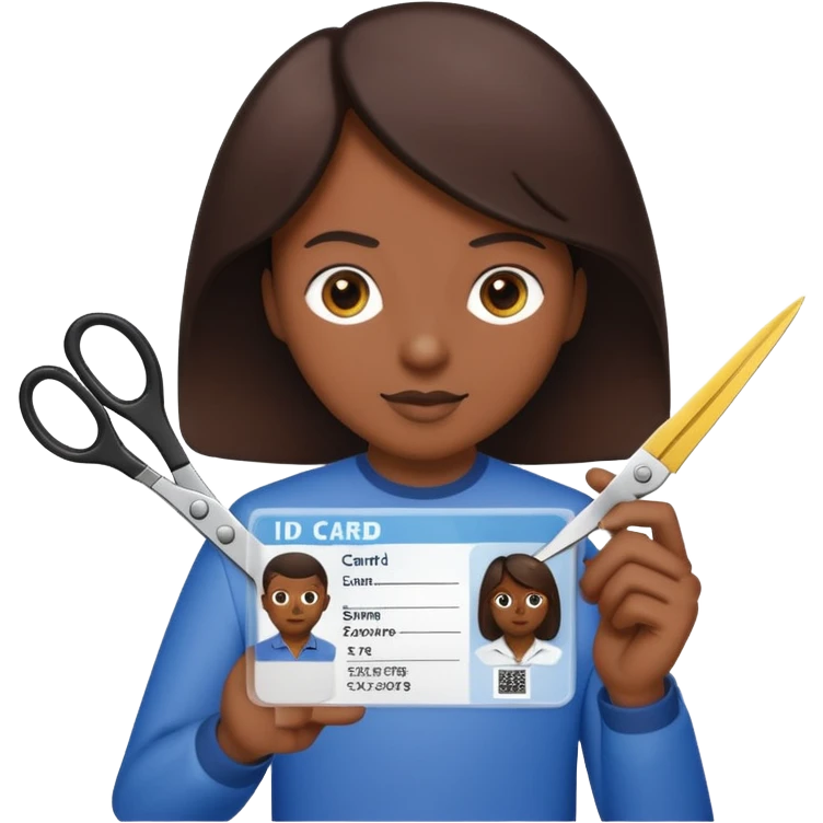 Scissors cutting ID card in 2 parts. Realistic emoji