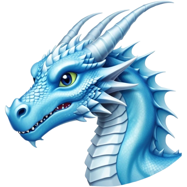 Cinematic Noble elegant Ice Dragon Portrait Emoji, Poised and imposing, distinct long elegant snout, with a slender, scaled body shimmering in glacial hues of icy blue, frostbitten silver, and crystalline white, breathing out frost, with piercing, glowing eyes that radiate the chilling depths of an arctic storm; rendered in detail. emoji