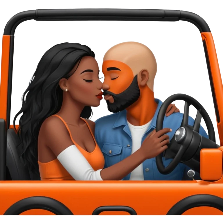 intimate moment between lovers, JetSetFly, photo Realistic Couple, black women with long black balayage hair & kissing bald white muscular man with orange face hair and beard in a red Jeep Wrangler  emoji