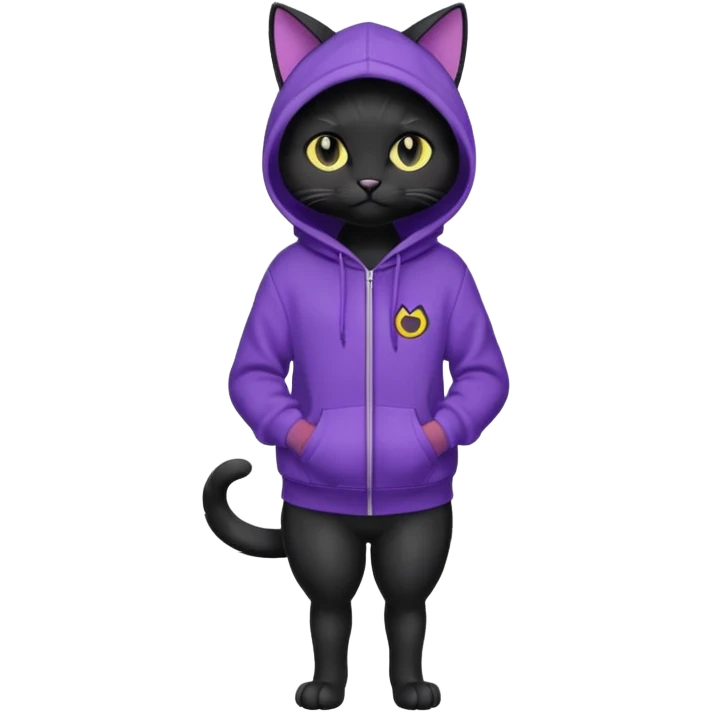 Black cat wearing a violet hoodie fursona (full body) emoji