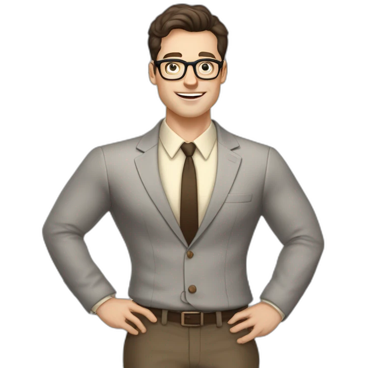 Pale skinned fit man with dark brown hair in gray jacket, beige office shirt, brown tie, brown pants and vintage glasses Writing text on the flipchart emoji
