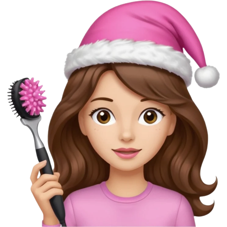 mujer peinandose en la peluqueria y con un gorro de navidad rosado, cabello largo café y ondulado emoji