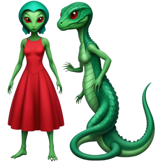a reptilian alien woman full body, in red dress emoji