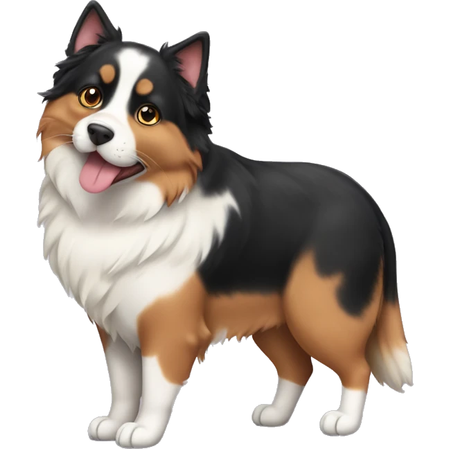 Fat calico cat with a black and tan Australian Shepard dog emoji