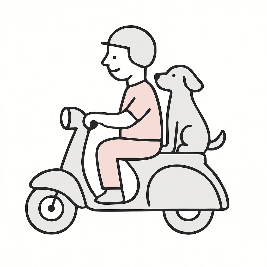 man and his pet dog riding a vespa emoji