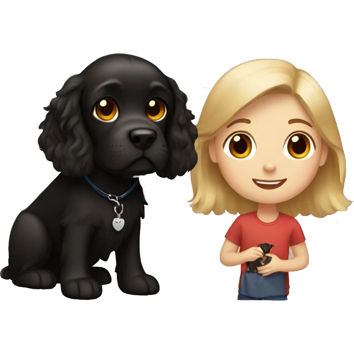 brown-haired girl and blond-haired boy with a black cocker spaniel emoji