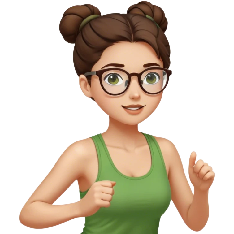 pretty girl white glasses side view brown hair in a bun green tank top running emoji