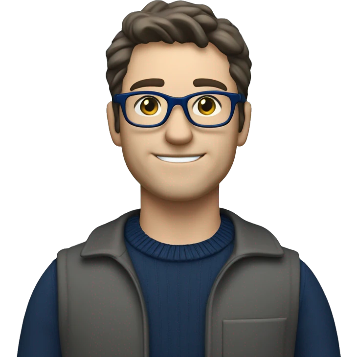 caucasian white man with dark hair, blue glasses, and carrying design plan because he is an architect carrying a pencil and a set model maquette. wearing a navy blue long sleeve sweater shirt. smart.  emoji